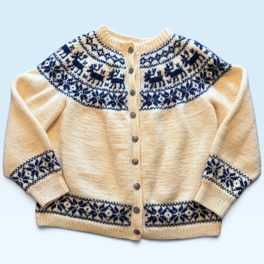 Vintage Norsk Handstrikk Sweater Cardigan Womens Medium Handknit Reindeer Norway